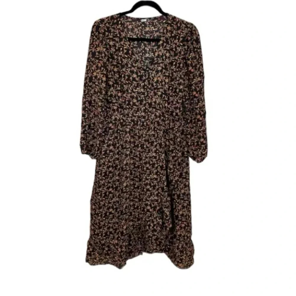 Old Navy Women’s Long Sleeve Black V-Neck Floral Flowy Bohemian Dress Size L GUC